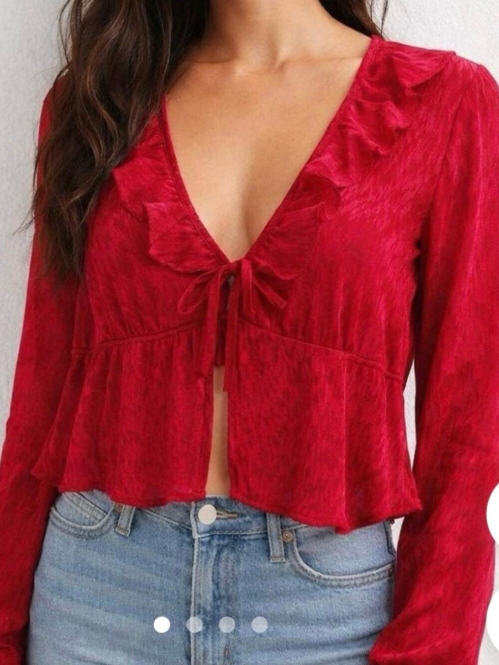 No Boundaries Red V-Neck Tie-Front Ruffle Blouse